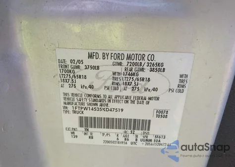 2005 Ford F-150 Fx4/Lariat/Xlt from USA, damaged, VIN 1FTPW14535KD47519